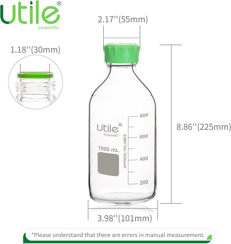 UTILE Media Bottle, 2pcs of 1000ml(33.8oz) 3.3 Borosilicate Glass Bottles with Lids, Lab Media Bottle Media Storage Bottle, 4038.1000.2 - Image 2